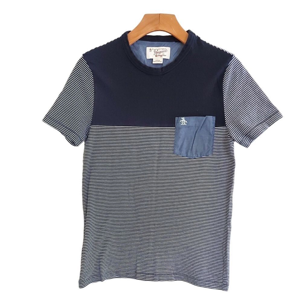 Penguin Boys T-Shirt Small Blue Gray Short Sleeve Stripes Crew Neck Cotton